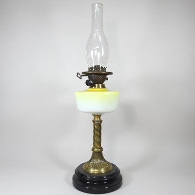 Lot 98 - A brass and yellow glass oil lamp base