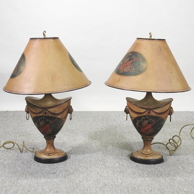 Lot 540 - A pair of cream painted toleware style table lamps