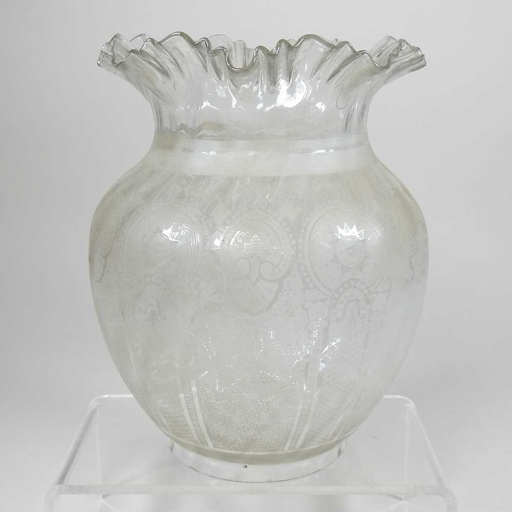 Lot 107 A clear etched glass oil lamp shade