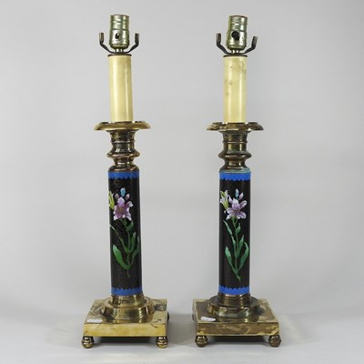 Lot 480 - A pair of  brass and cloisonne table lamps