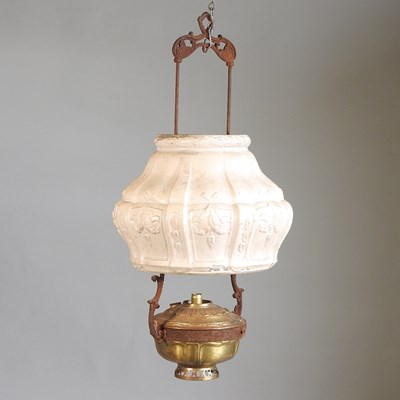 Lot 696 - A pair of hanging brass oil lamps