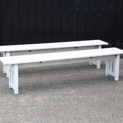 Lot 631 - A pair of white painted folding slatted benches