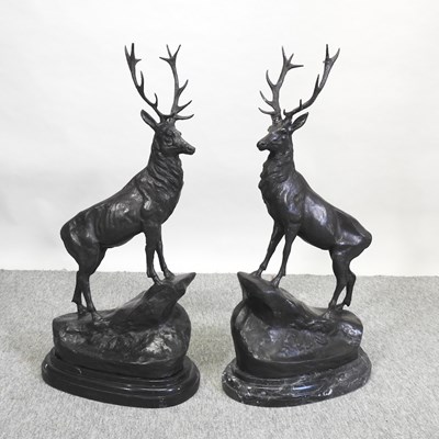 Lot 513 - A pair of large bronze models of stags