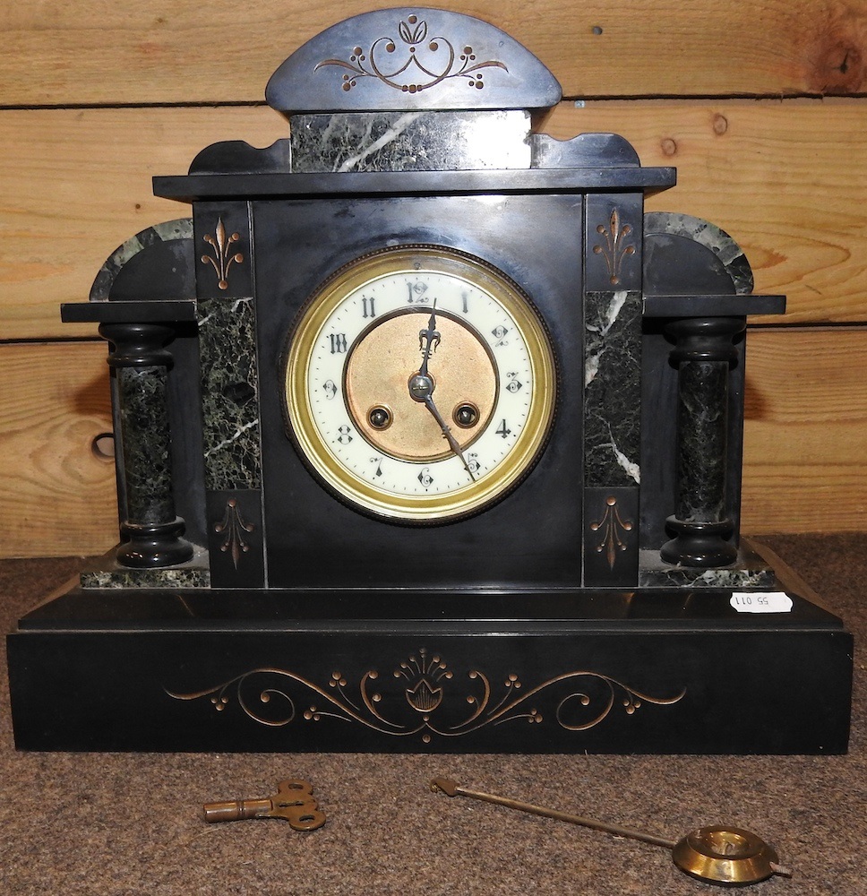 Lot 158 A Victorian black slate mantel clock,