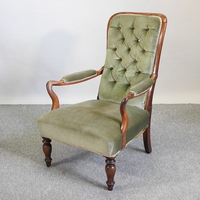 Lot 599 - A Victorian rosewood and green upholstered armchair