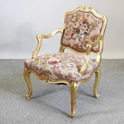 Lot 610 - A French style gilt framed open armchair