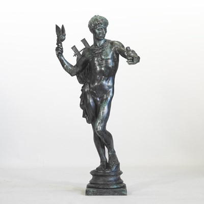 Lot 97 - A large bronze verdigris statue of Eros