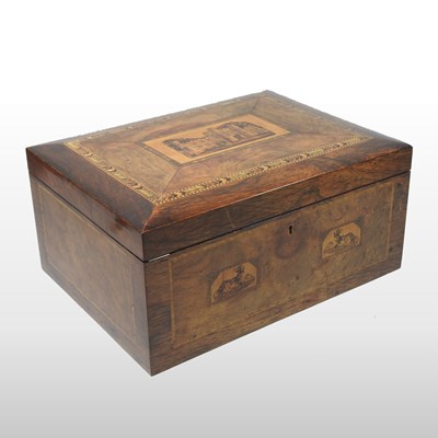 Lot 130 - A Victorian walnut and Tunbridge decorated work box