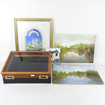 Lot 695 - A box, tile and pictures