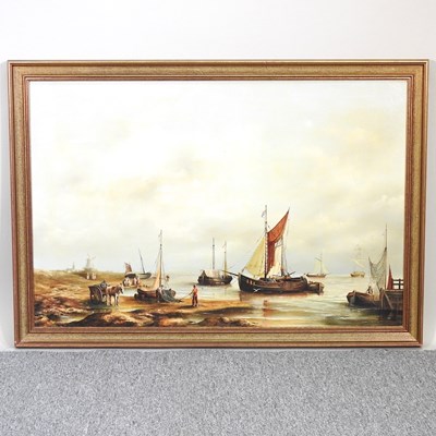 Lot 415 - Tom Douglas, 20th century, Dutch harbour, oil on canvas