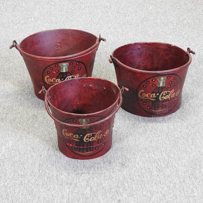 Lot 412 - A set of three cola advertising metal buckets