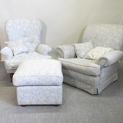 Lot 294 - A 1920's blue and white armchair, with another and footstool