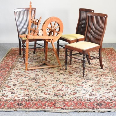 Lot 147 - A 19th century spinning wheel, chairs and rug