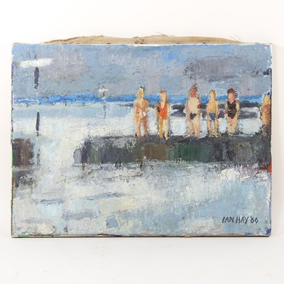 Lot 160 - Ian Hay, b1940, Bathers at Dovercourt, signed oil