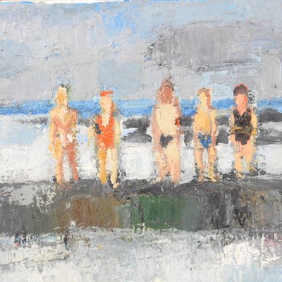 Lot 160 - Ian Hay, b1940, Bathers at Dovercourt, signed oil