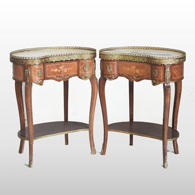 Lot 116 - A pair of French marble top marquetry tables