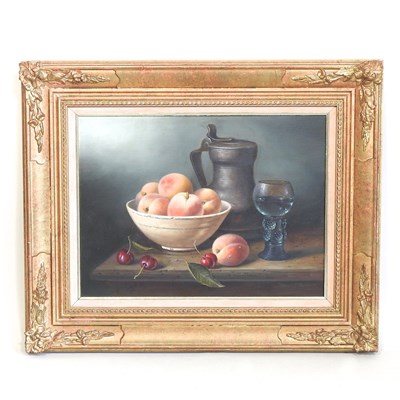 Lot 146 - Dutch School, 20th century, still life fruit and pewter