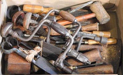 Lot 44 - A vintage wooden tool chest and hand tools