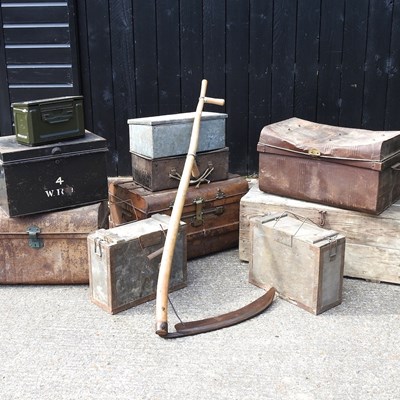 Lot 118 - A collection of vintage boxes and tins, and a wooden scythe