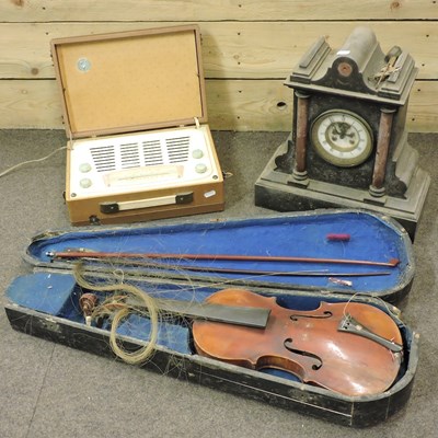 Lot 582 - A violin, clock and radio