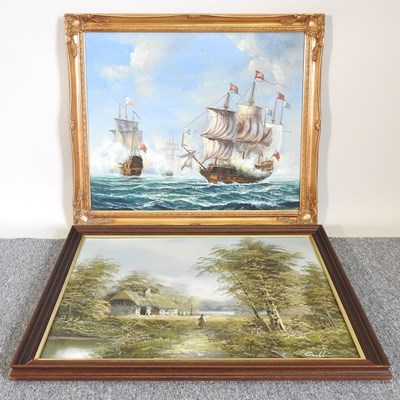 Lot 425 - J Harvey, naval battle scene, oil on canvas