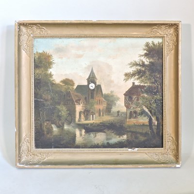 Lot 192 - English school, 19th century, landscape inset with a clock