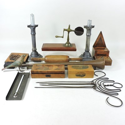 Lot 201 - A collection of treen wooden boxes and metalwares