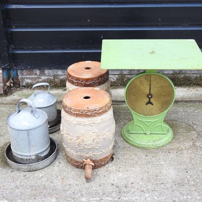 Lot 413 - Two stoneware barrels and chicken feeders