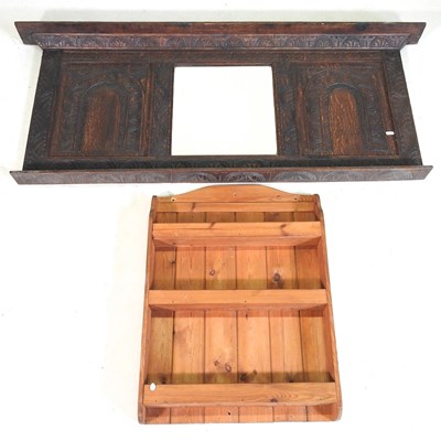 Lot 939 - An oak mirror and pine shelf