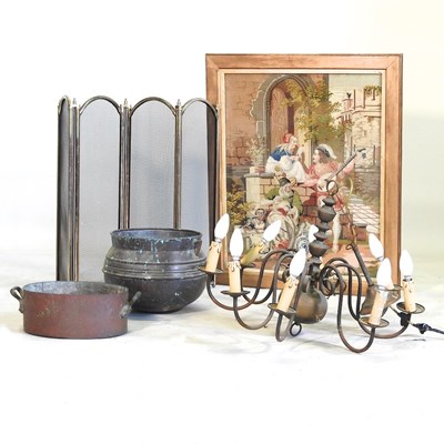 Lot 450 - A tapestry, fire screen and metalwares