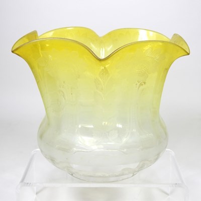 Lot 227 - A yellow etched glass oil lamp shade