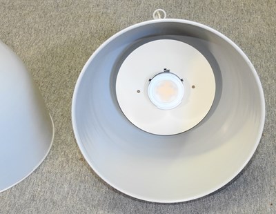Lot 424 - A pair of Jim Lawrence Lexington painted metal pendant ceiling lights