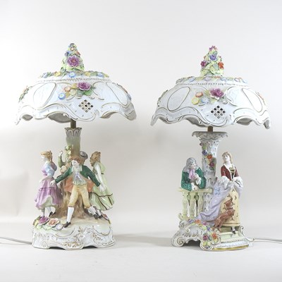 Lot 206 - A pair of Dresden porcelain figural table lamps
