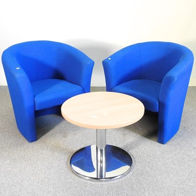 Lot 173 - A pair of blue tub chairs and a circular table