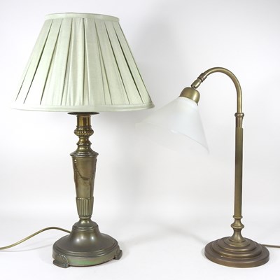 Lot 331 - A brass desk lamp, a table lamp and shade,...