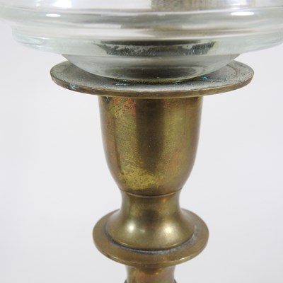 Lot 207 - A pair of brass oil lamps, with frilled glass...