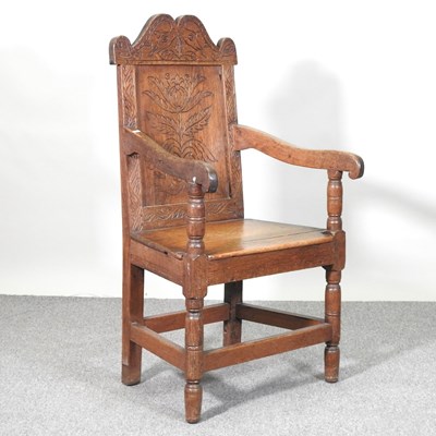 Lot 576 - A 17th century style oak wainscot chair, 20th...