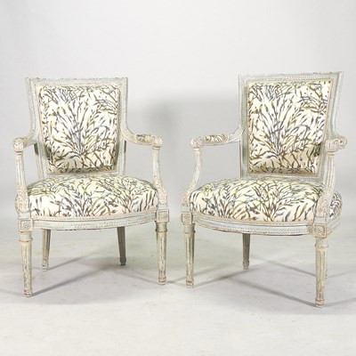 Lot 243 - A matched pair of French turquoise painted fauteuil