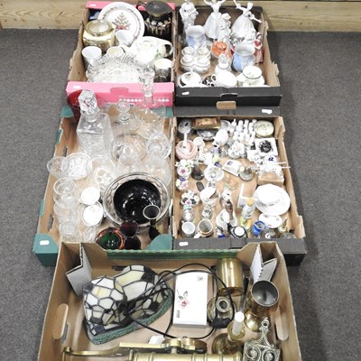 Lot 615 - Five boxes of decorative china and metalware,...