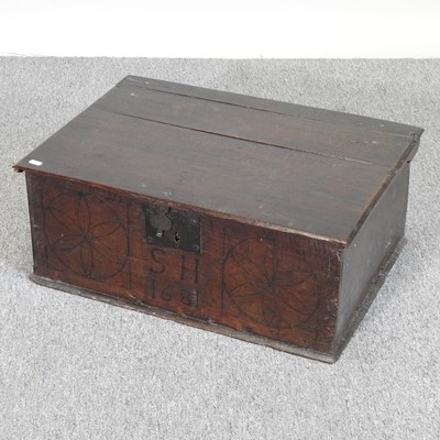 Lot 787 - An antique oak Bible box, initialled and dated...