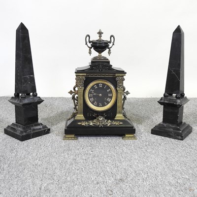 Lot 671 - A Victorian black slate three piece clock...