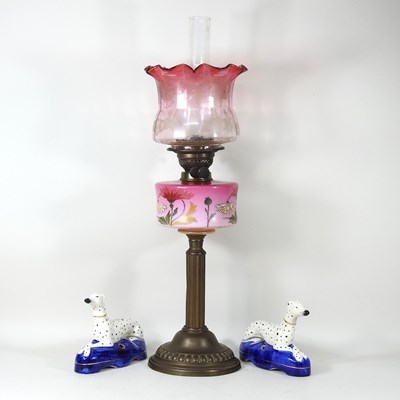 Lot 31 - A Victorian oil lamp and shade, 60cm high,...