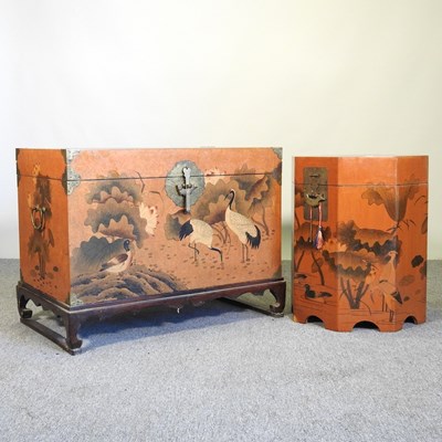 Lot 465 - An oriental painted chest, with a hinged lid,...