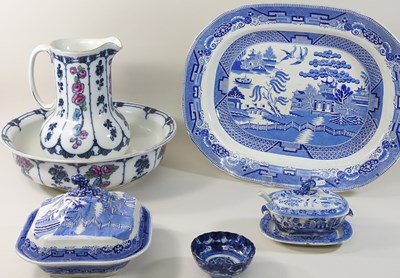 Lot 154 - A collection of 19th century and later blue and white Staffordshire pottery