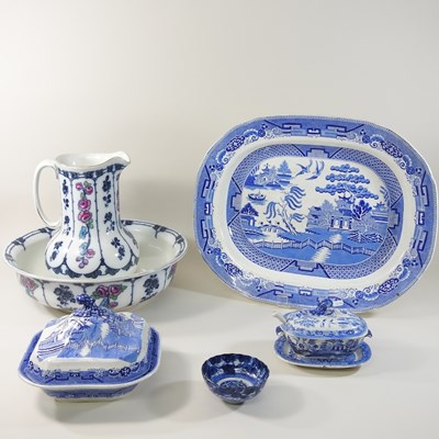 Lot 154 - A collection of 19th century and later blue and white Staffordshire pottery