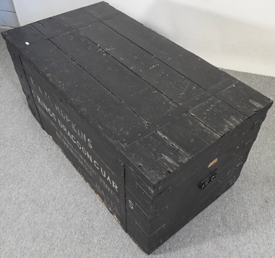 Lot 38 - A painted iron bound wooden military chest,...