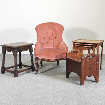 Lot 374 - An oak joint stool, together with a work box,...