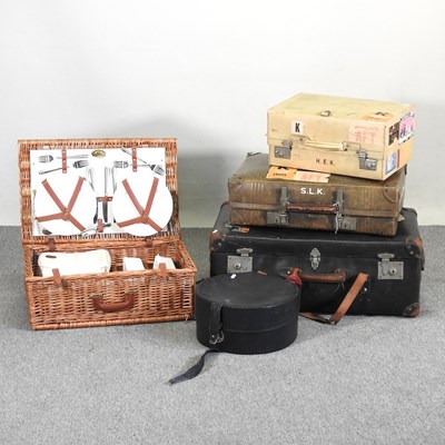 Lot 655 - A vintage fire bucket, a wicker picnic hamper,...