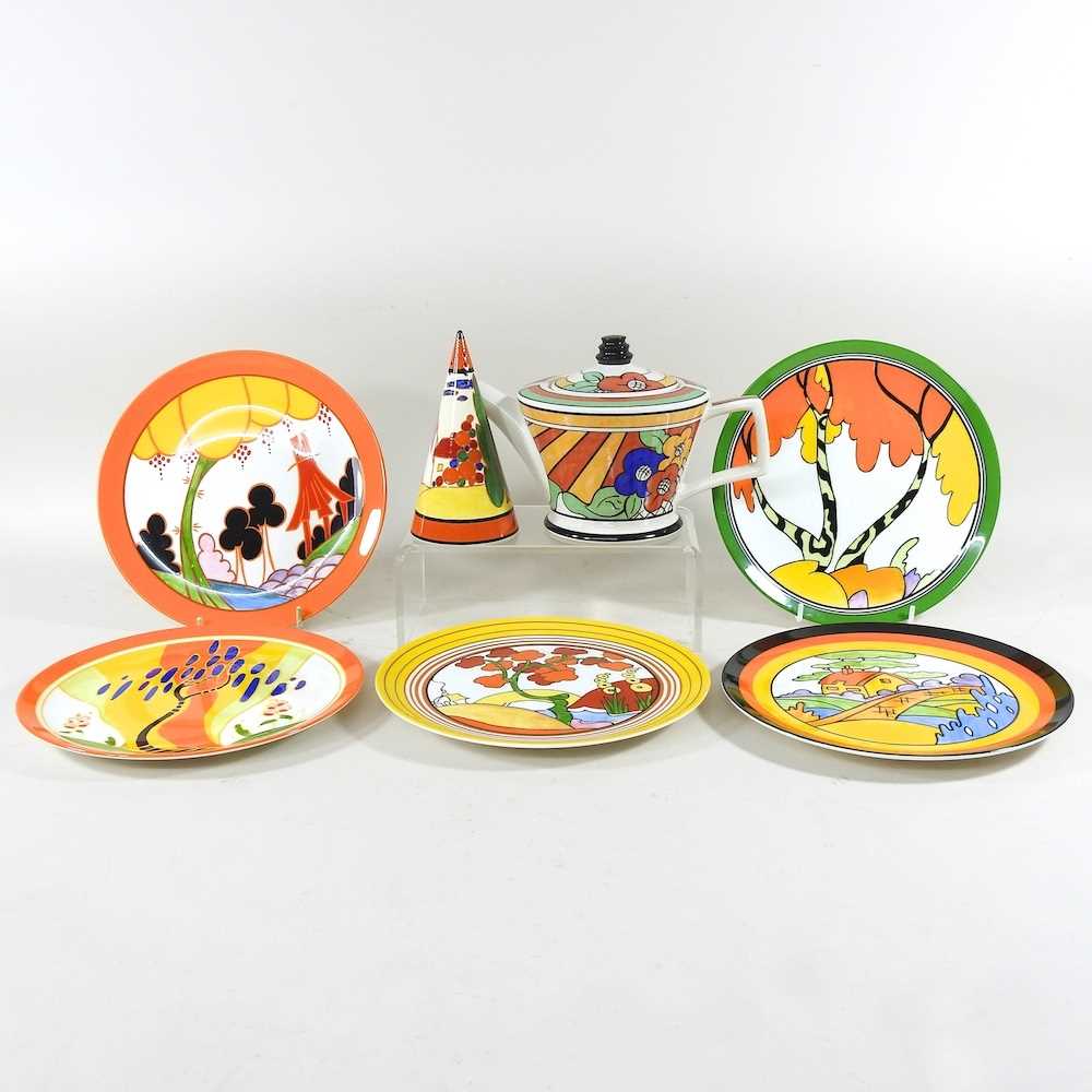 Lot 94 - A Clarice Cliff style teapot, together with...