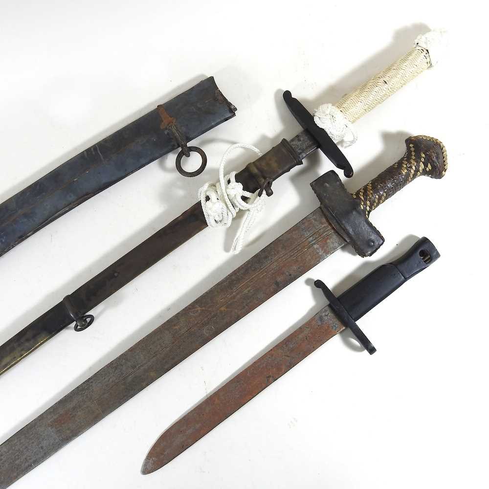 Lot 446 - Two swords, longest 98cm, a bayonet and a...